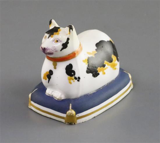 A rare Charles Bourne porcelain figure of a cat, c.1817-30, L. 6.7cm, restoration